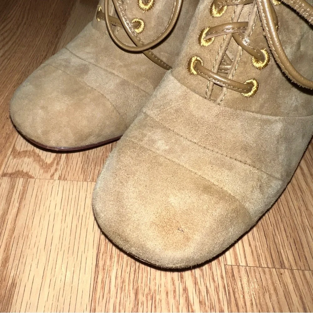 Tory Burch‎ Tan Suede Leather Lace Up Oxford 4” Heels 9.5 M